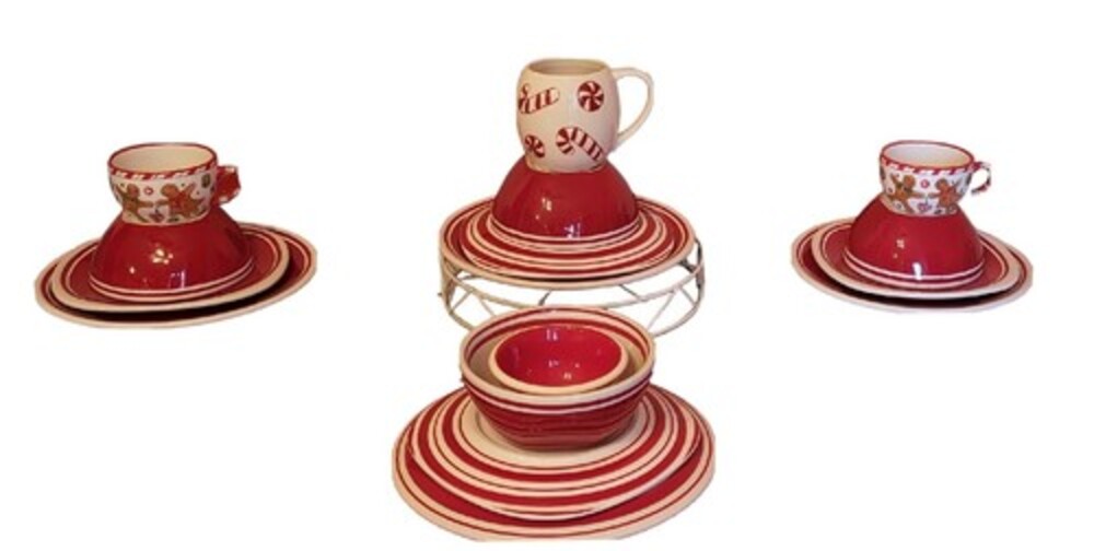 Dansk Hand Painted Red w White Stripe Set Of 4 "Maraschino" Place Settings